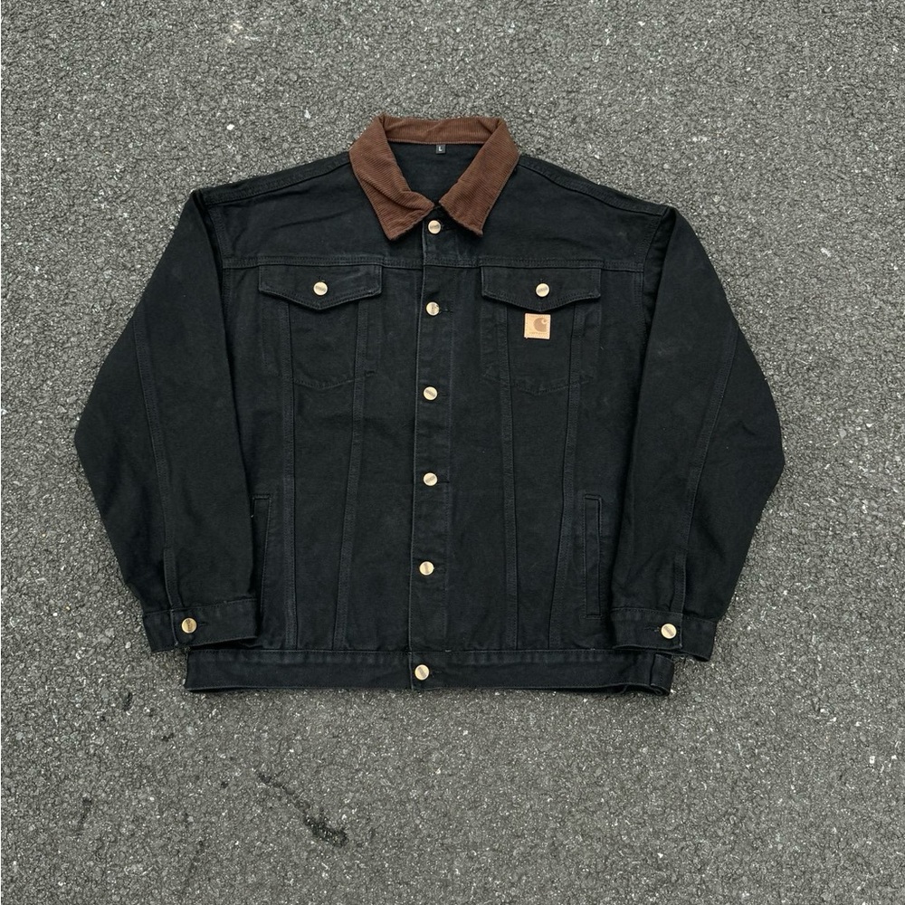 CARHARTT Men's Black Denim Jacket with Brown Collar